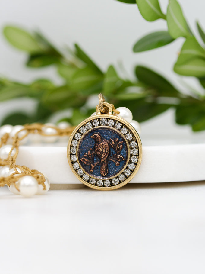 Antique Bird Button with Blue Background Pearl Necklace