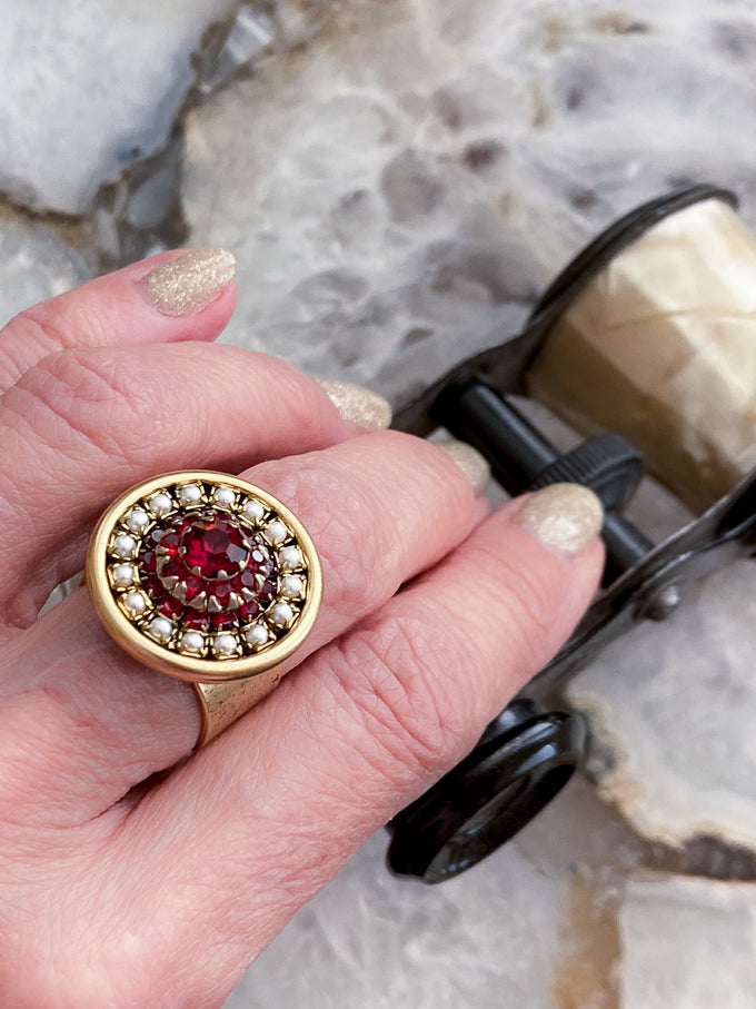 Vintage Red Rhinestone Adjustable Statement Ring