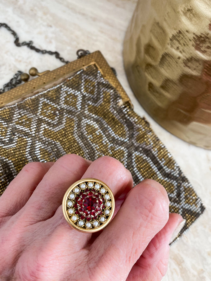 Vintage Red Rhinestone Adjustable Statement Ring