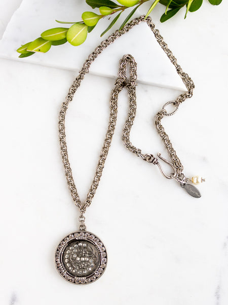 Silver Antique Floral Button and Rhinestone Necklace