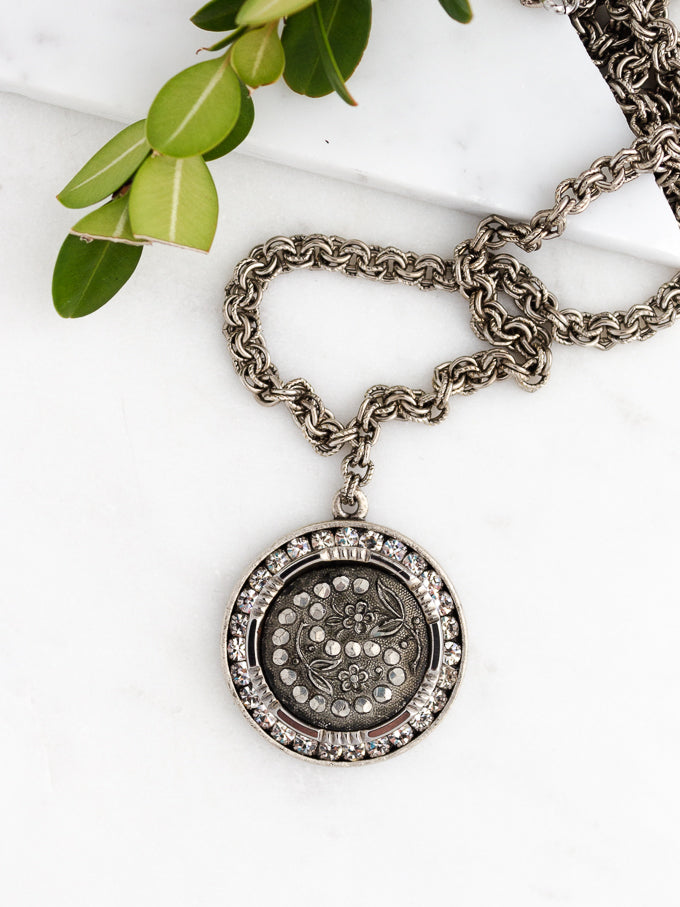Silver Antique Floral Button and Rhinestone Necklace