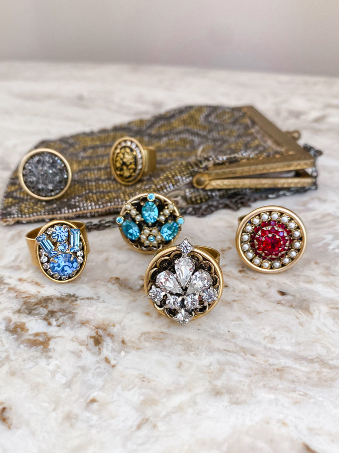 Black Vintage Button Adjustable Statement Ring