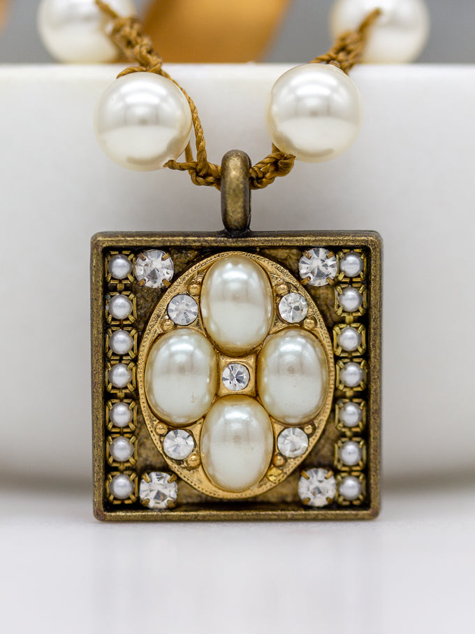 Vintage Pearl & Rhinestone Square Necklace