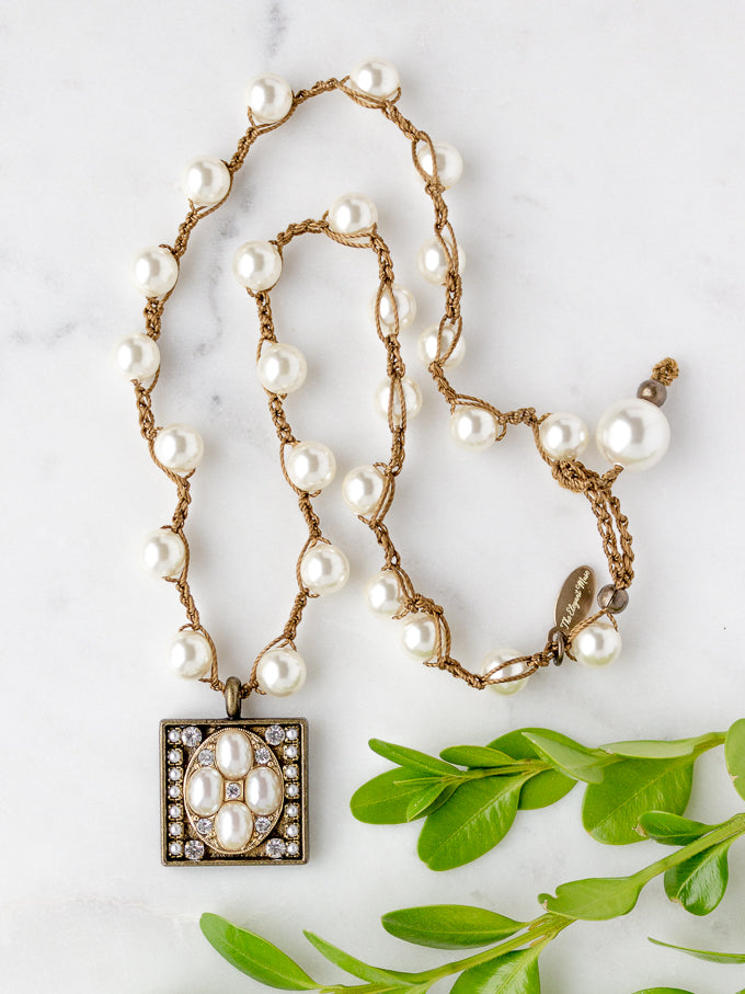 Vintage Pearl & Rhinestone Square Necklace