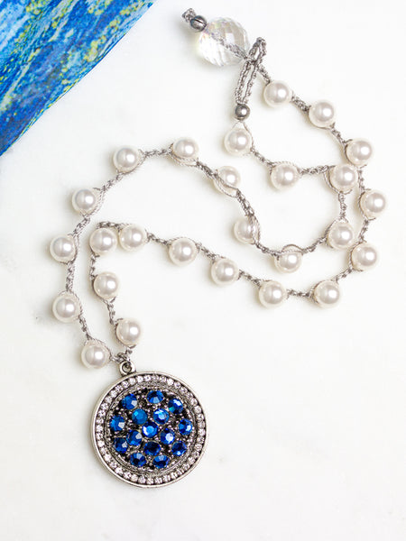 pearl necklace with blue vintage center and rhinestones