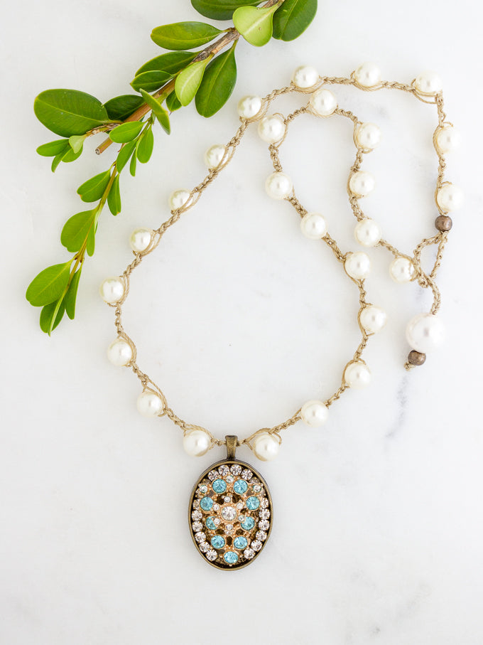 Vintage Oval Necklace with Aqua Rhinestones