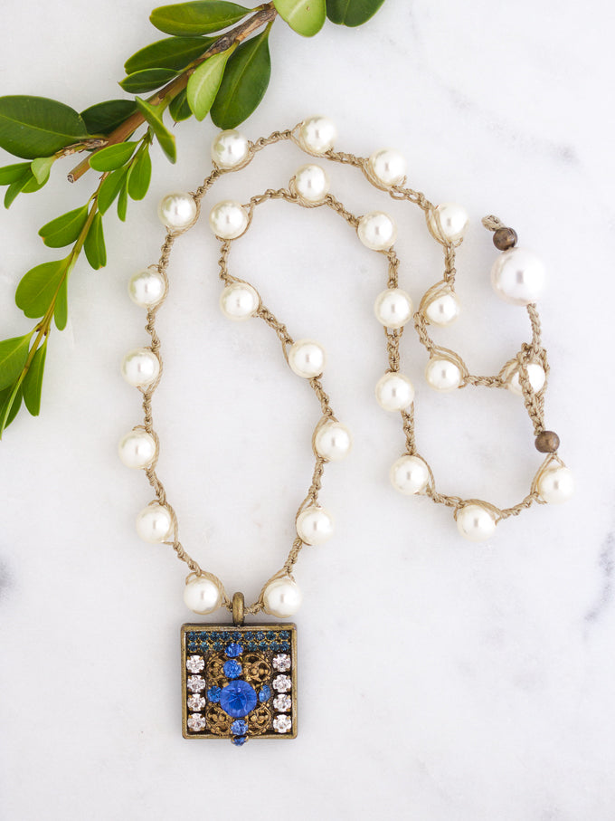 Royal Blue Repurposed Vintage Square Necklace