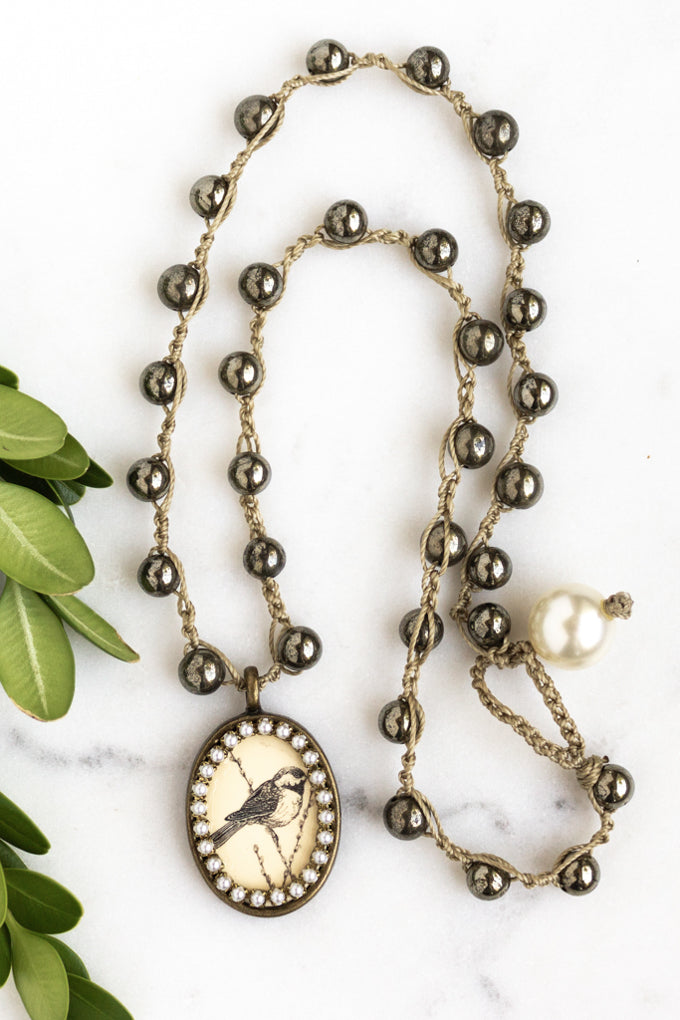 Vintage Etched Bird Necklace with Hand-Stitched Pyrite Stone Chain