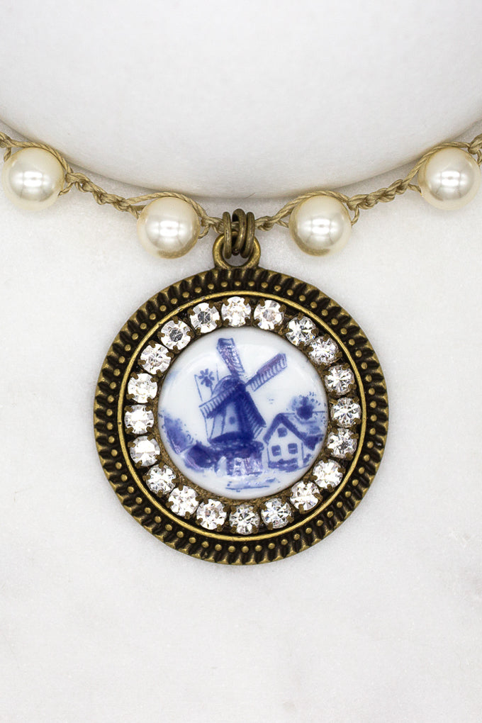 Porcelain Windmill Necklace with Hand-Stitched Pearl Chain
