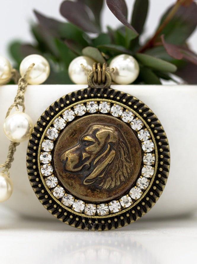 antique gold dog button necklace with rhinestones