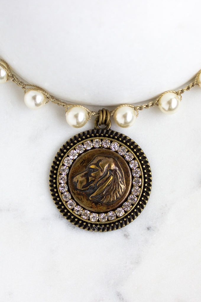 antique dog button necklace with crochet pearl chain