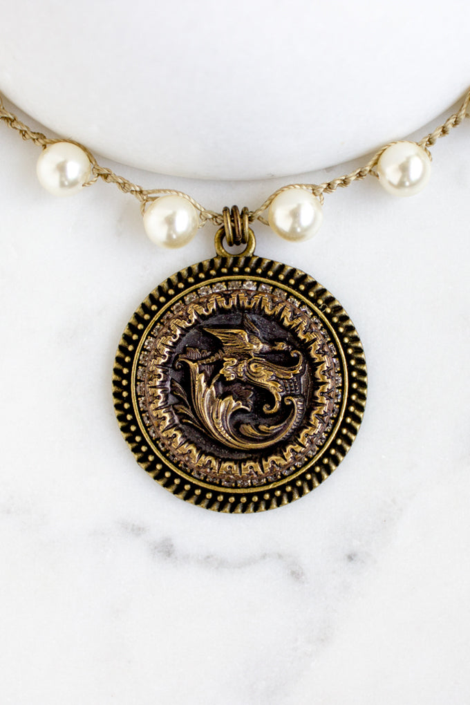 Vintage Dragon Button Necklace with Hand-Stitched Pearl Chain