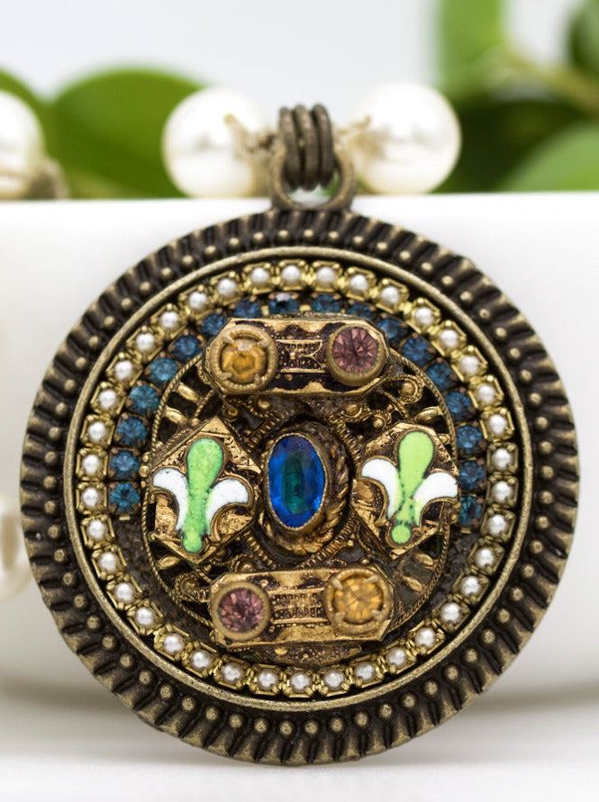 Vintage Fleur de Lis Necklace with Teal, Gold, Amethyst, and Green Stones