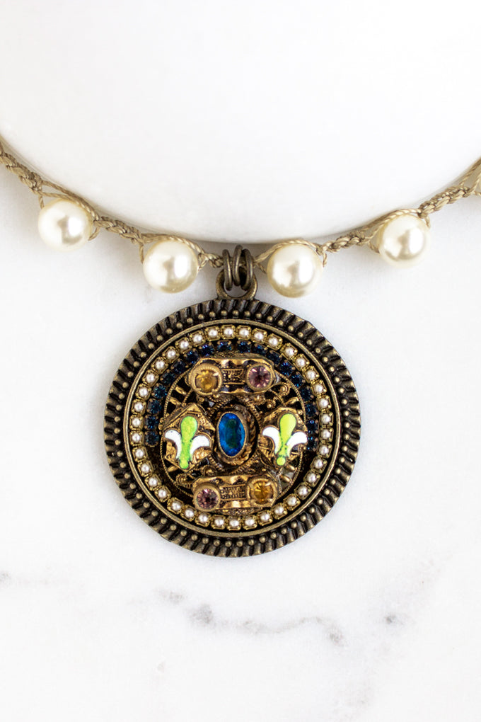 Vintage Fleur de Lis Necklace with Teal, Gold, Amethyst, and Green Stones