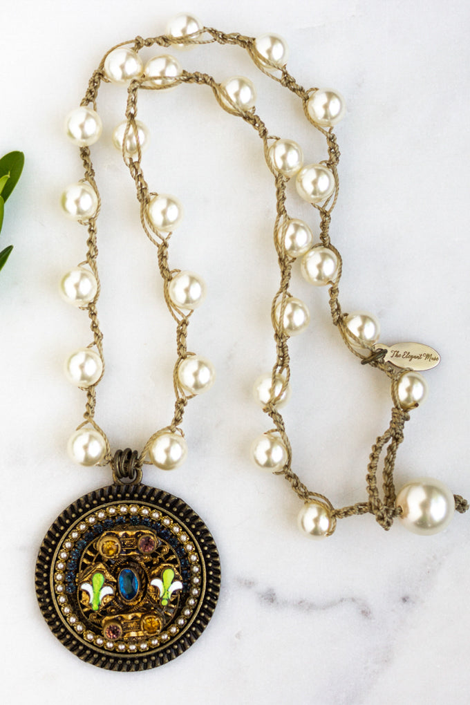 Vintage Fleur de Lis Necklace with Teal, Gold, Amethyst, and Green Stones