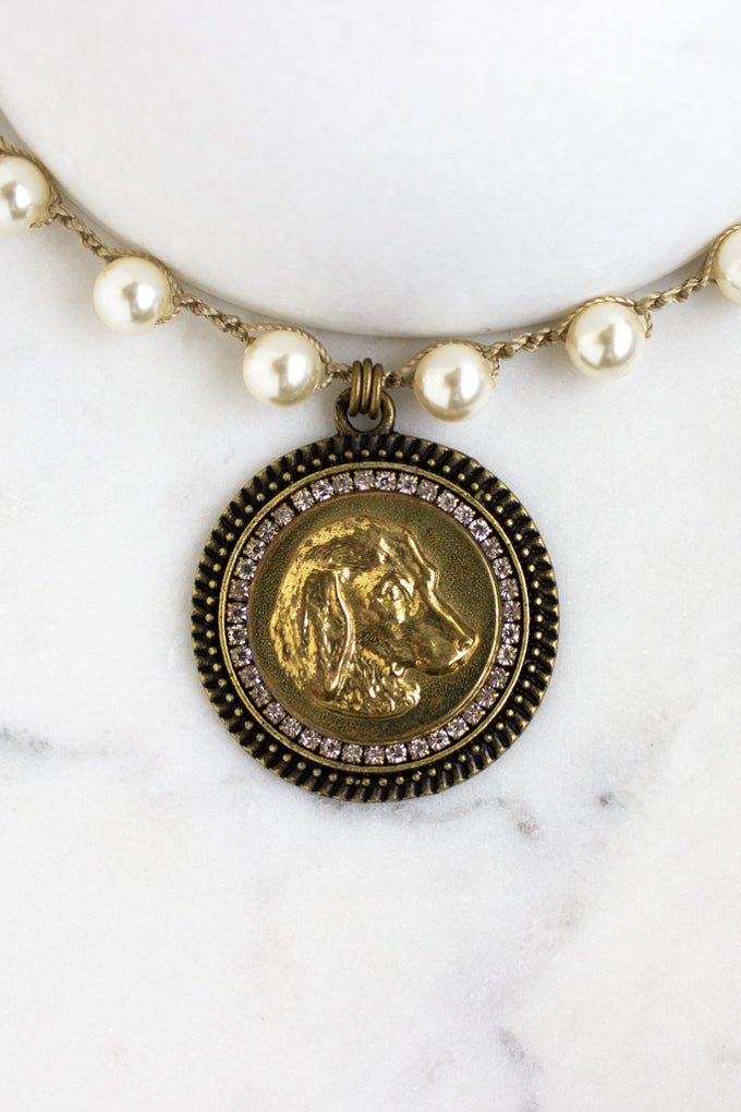 antique dog button necklace with crochet pearl chain