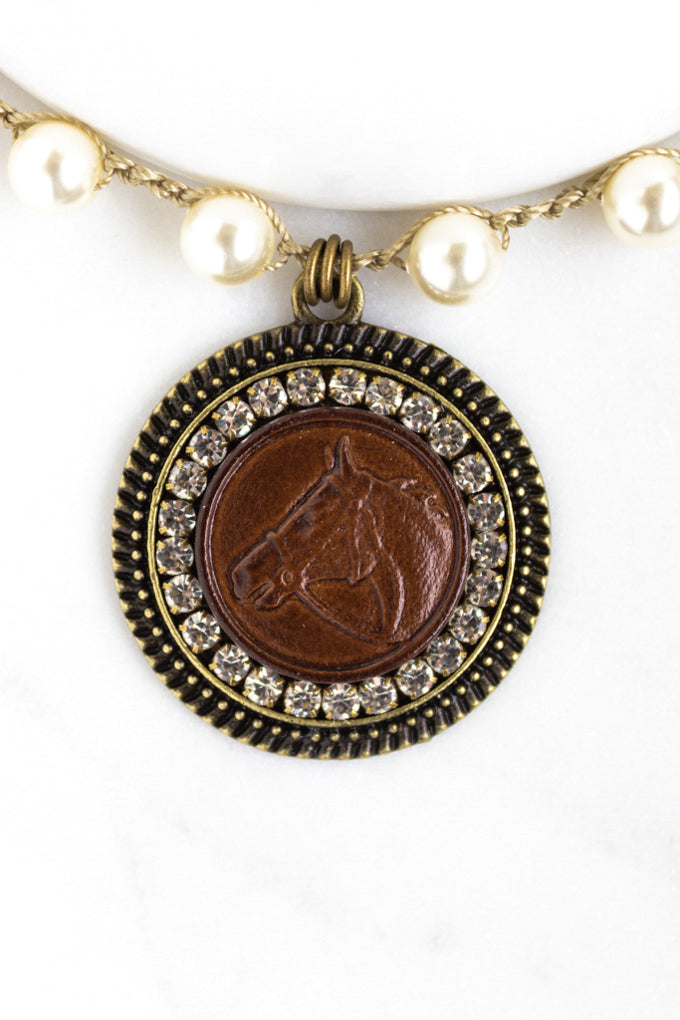 Vintage Leather Horse Button Necklace with Hand-Stitched Pearl Chain