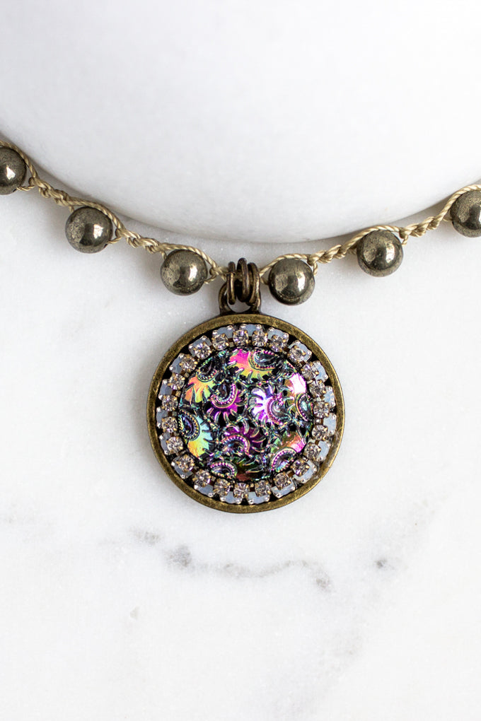 Vintage Multi-Colored Button Necklace with Hand-Stitched Pyrite Stone Chain