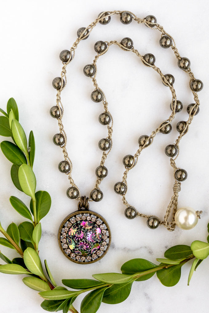 Vintage Multi-Colored Button Necklace with Hand-Stitched Pyrite Stone Chain