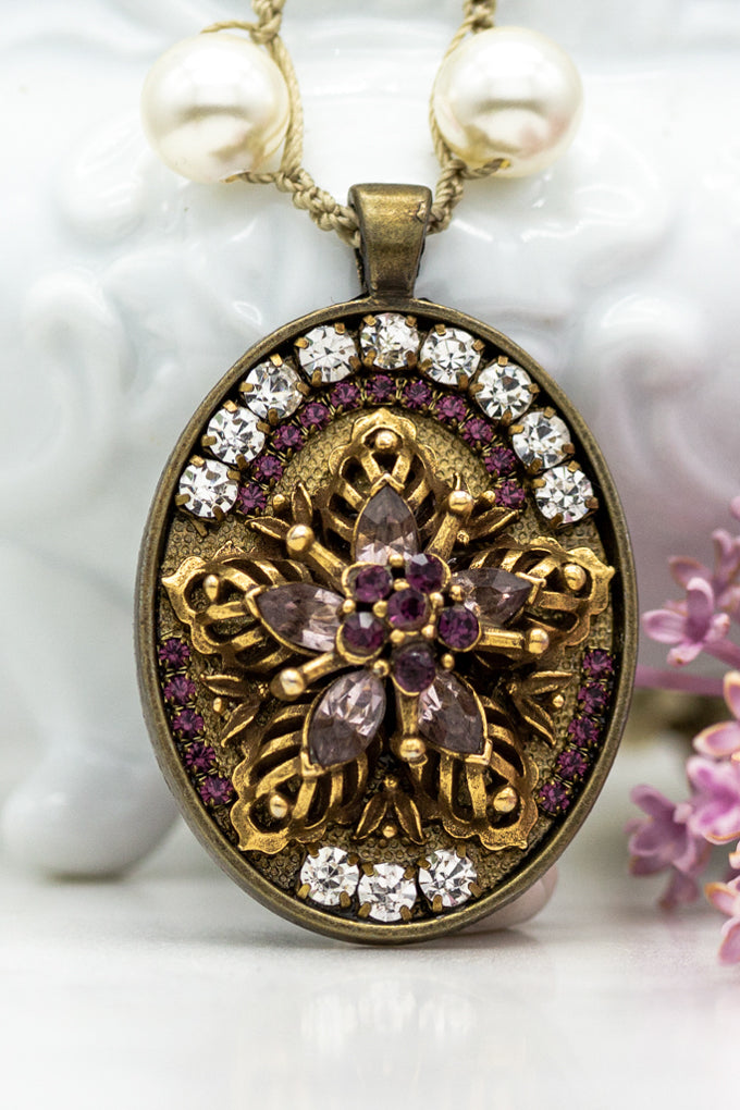 Vintage Statement Necklace with Star, Amethyst Colors and Hand-Stitched Pearl Chain