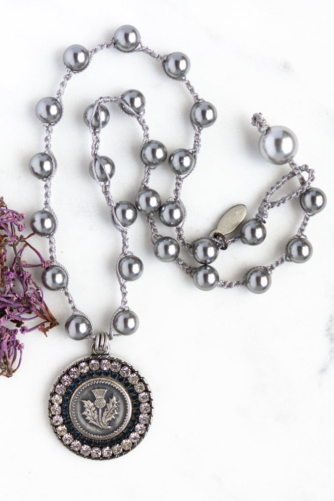 Scottish Thistle Necklace with Hand-Stitched Grey Pearls