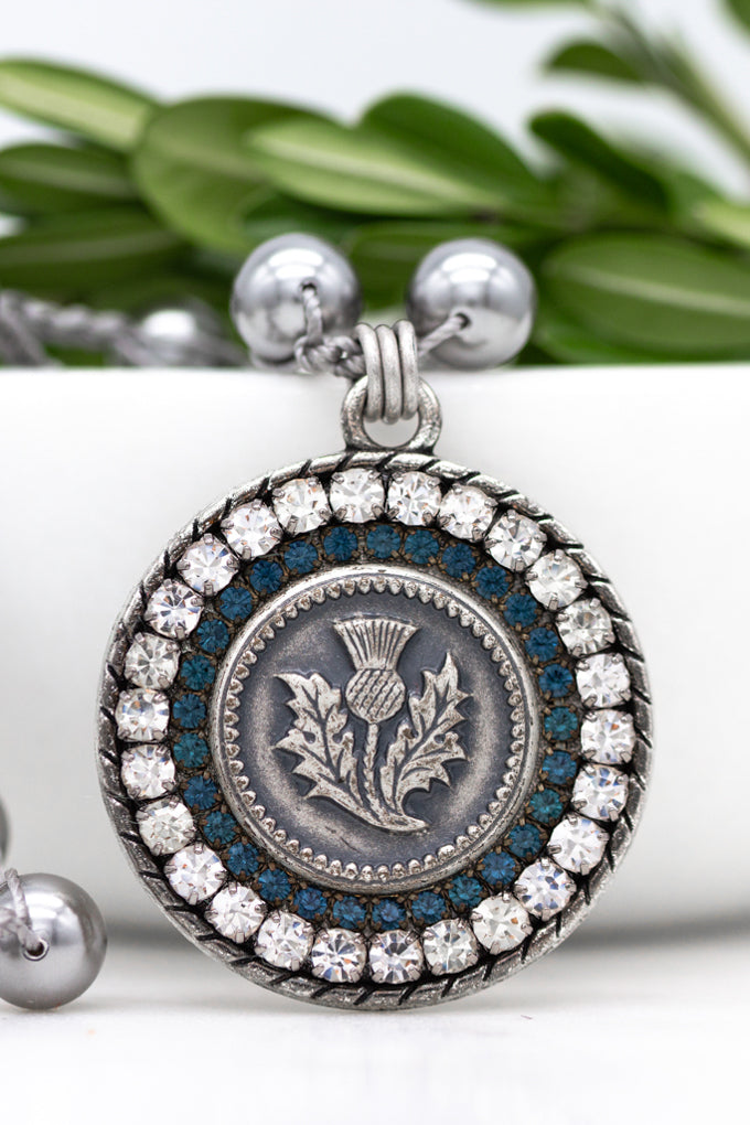 Scottish Thistle Necklace with Hand-Stitched Grey Pearls