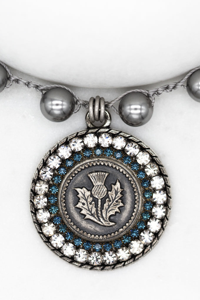 Scottish Thistle Necklace with Hand-Stitched Grey Pearls
