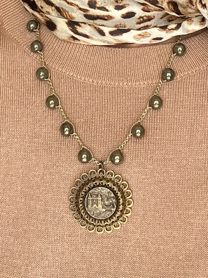 Antique Castle Button Necklace on a Handstitched Chain