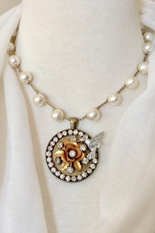 vintage hummingbird flower pearl necklace