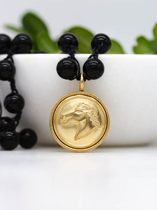 Gold Vintage Equestrian Button Necklace with Black Onyx