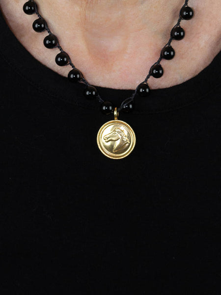 Gold Vintage Equestrian Button Necklace with Black Onyx