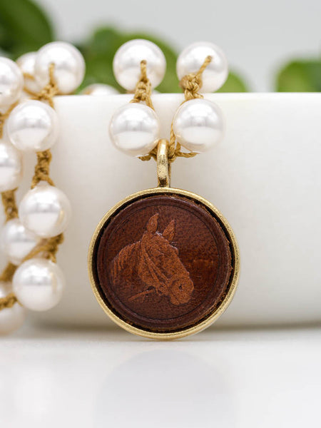 Vintage Leather Equestrian Button Pearl Necklace