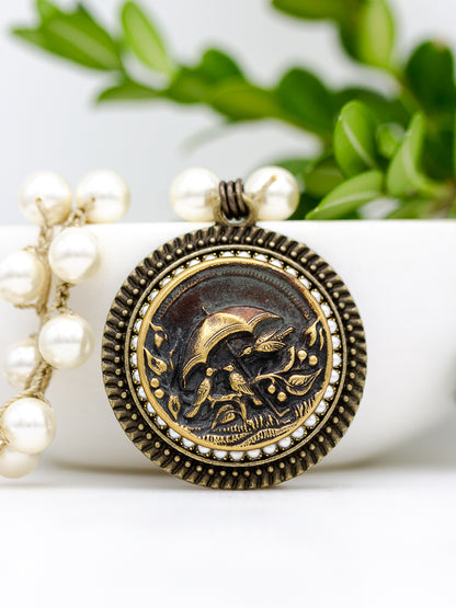 Birds Under Umbrella Antique Button Necklace