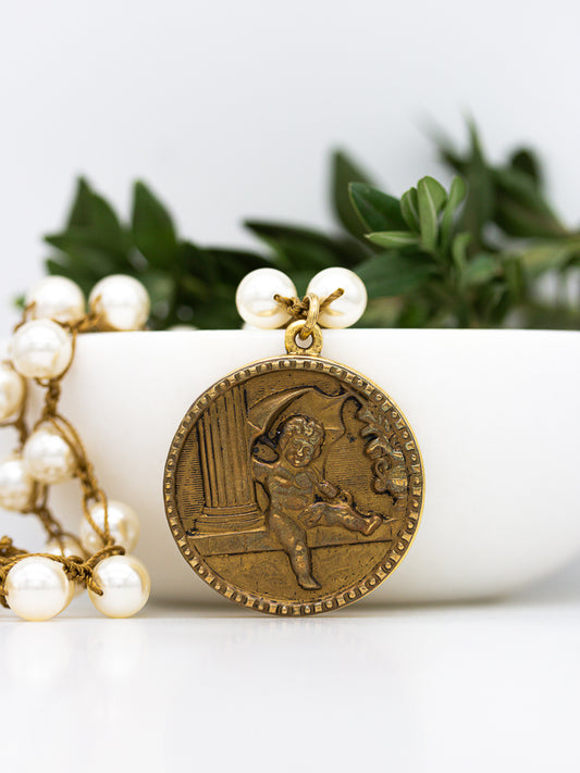 Long Antique Cupid Button Pearl Necklace