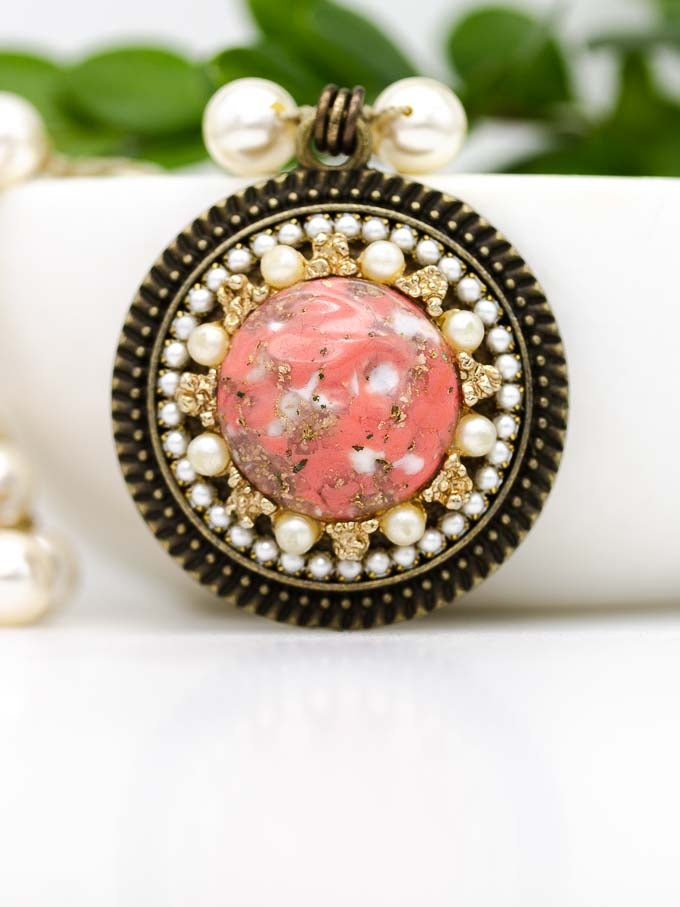 Coral, Gold & Pearl Vintage Repurposed Necklace