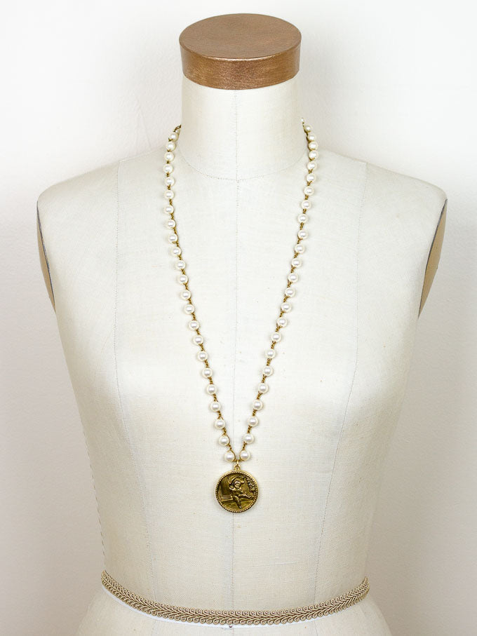 Long Antique Cupid Button Pearl Necklace