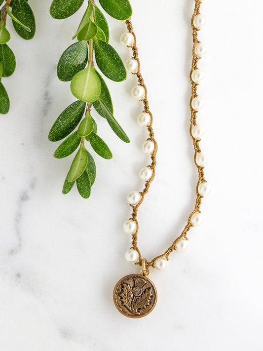 Gold Thistle Petite Antique Button Necklace