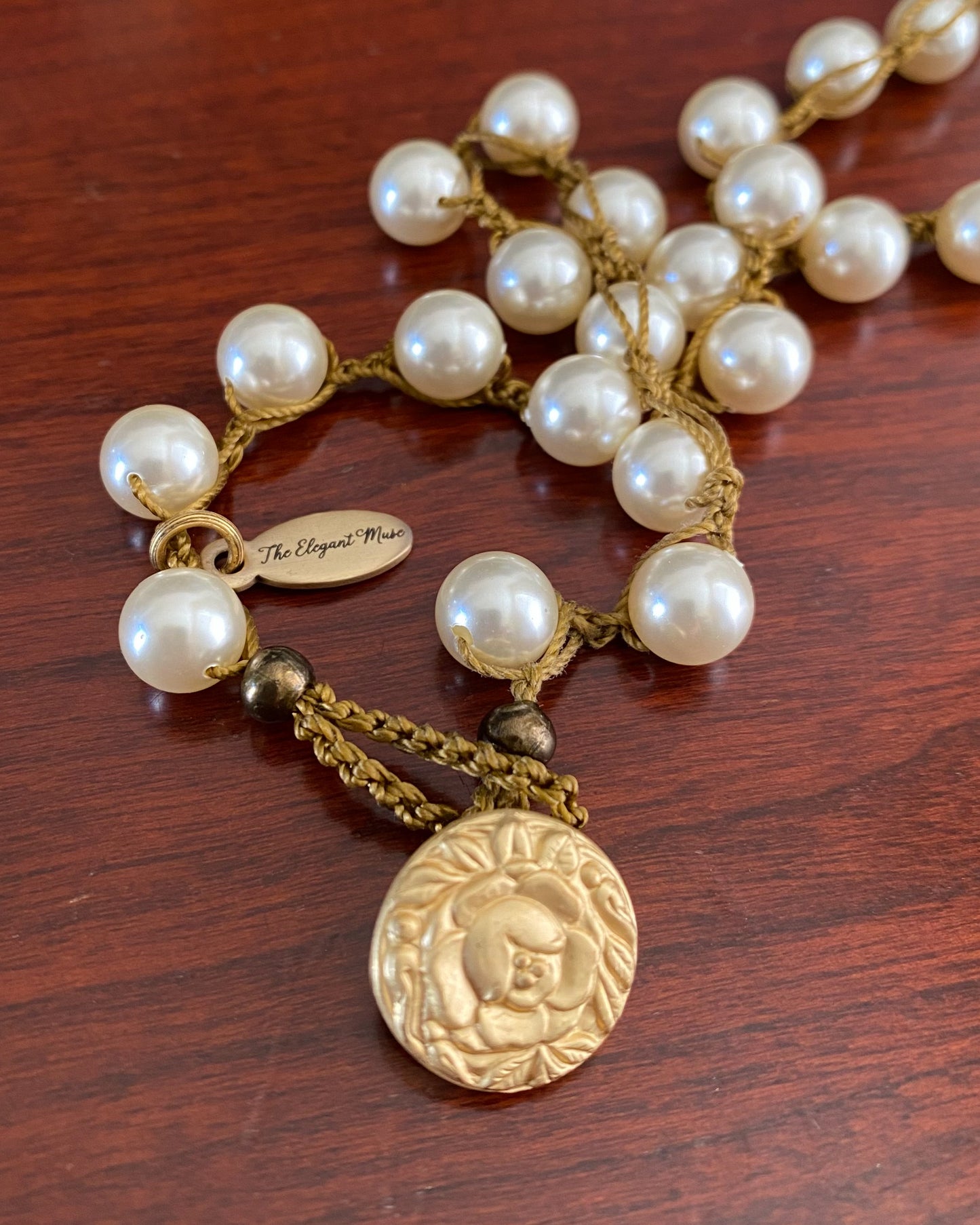 30" Long Golden Floral Swirl Antique Button Necklace