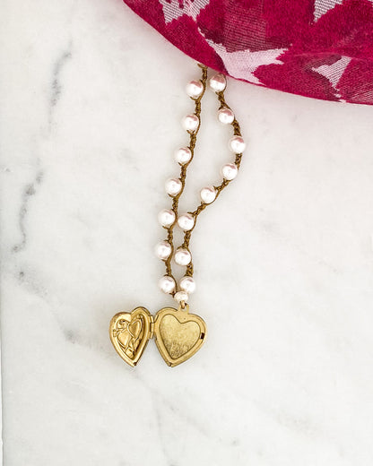 Vintage Heart Locket Pearl Necklace