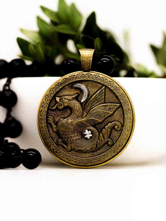 Long Antique Dragon Button Black Onyx Necklace