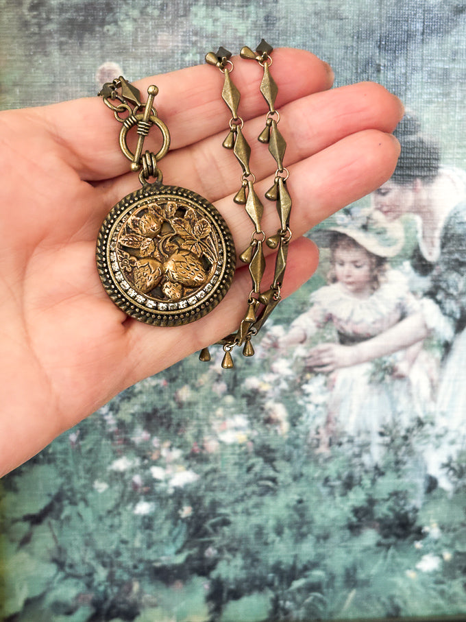 Strawberries Antique Button Necklace on Chain*