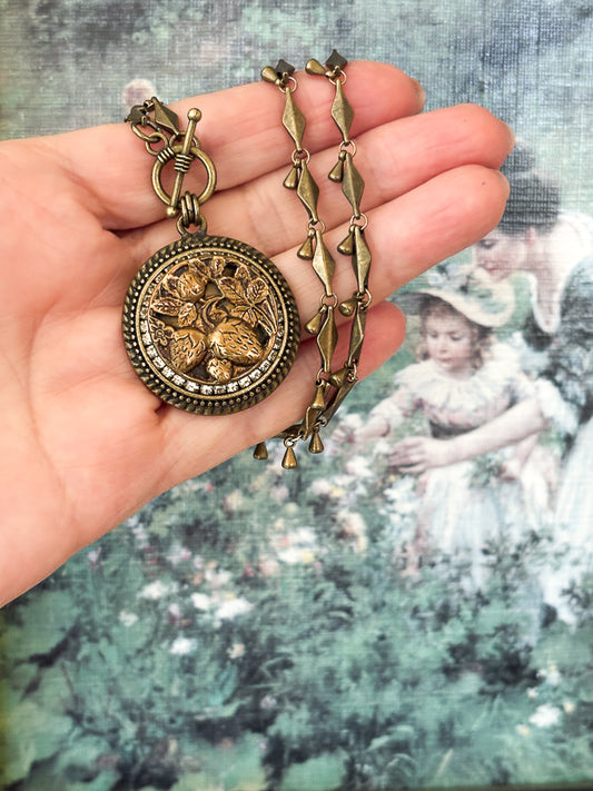 Strawberries Antique Button Necklace on Chain*