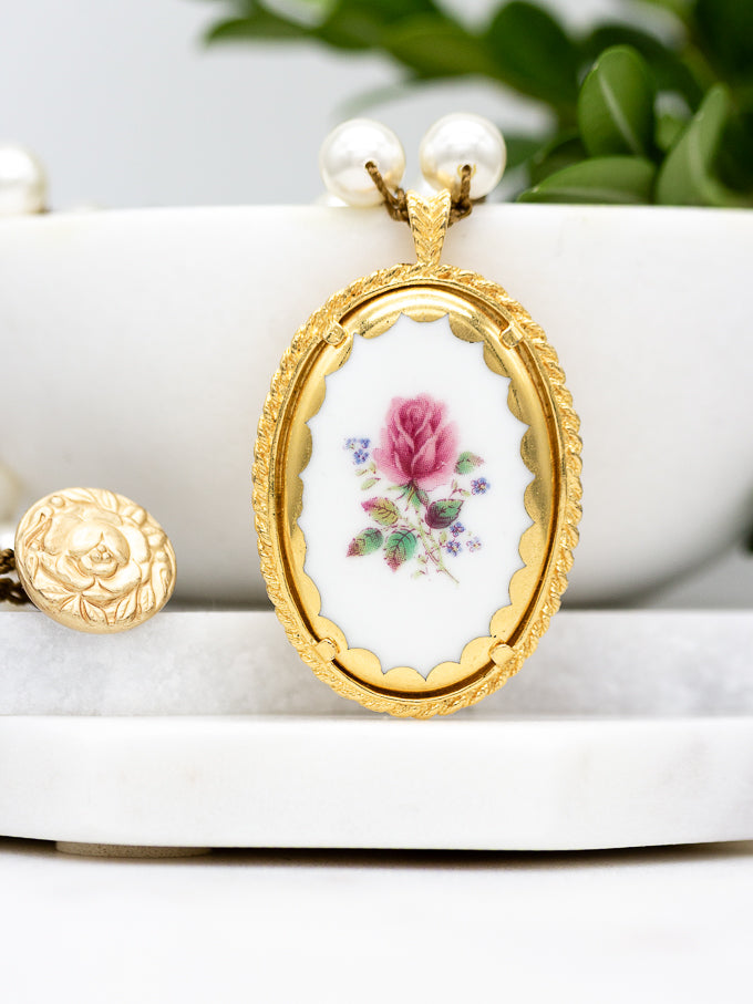Vintage Rose Fine Porcelain Pendant Necklace