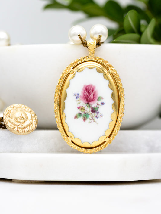 Vintage Rose Fine Porcelain Pendant Necklace
