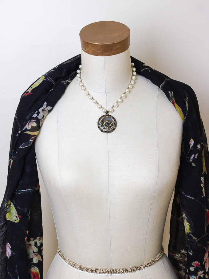 Birds Under Umbrella Antique Button Necklace