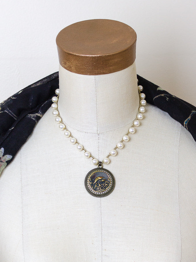 Birds Under Umbrella Antique Button Necklace