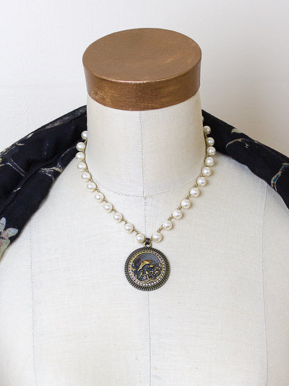 Birds Under Umbrella Antique Button Necklace