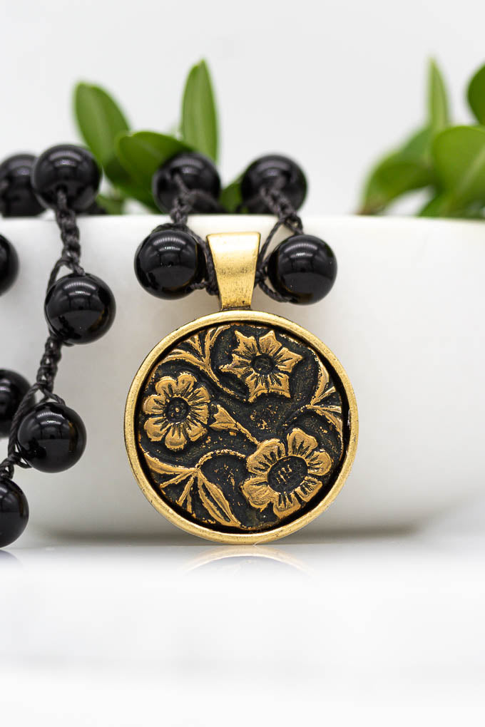 Antique Floral Button Black Onyx Necklace