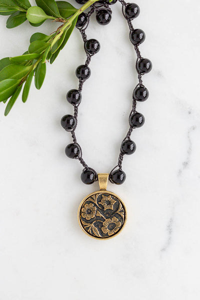 Antique Floral Button Black Onyx Necklace