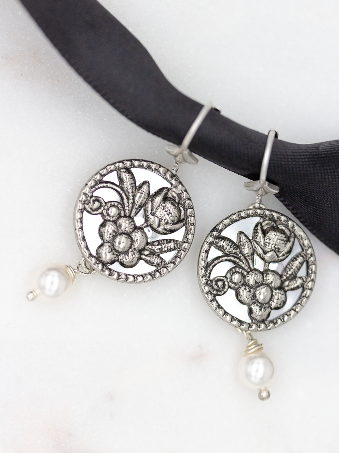 Antique Button Silver Floral Earrings